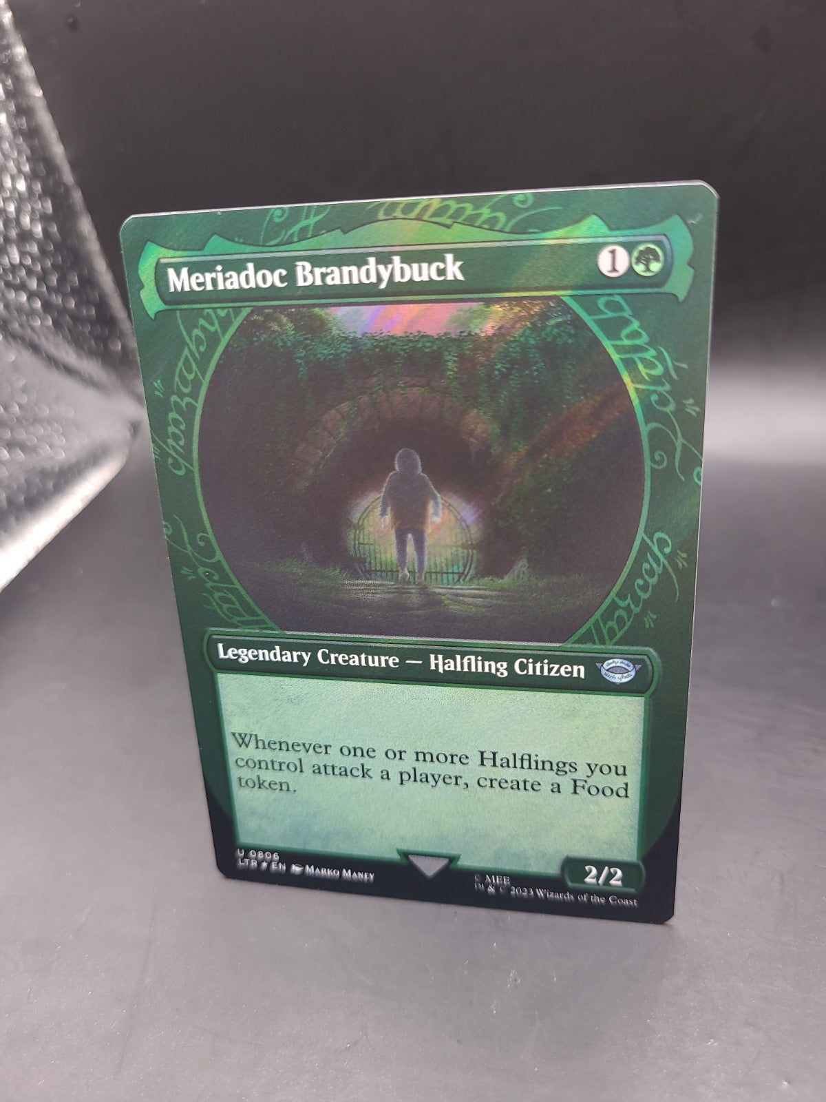 1x (806) Meriadoc Brandybuck - SURGE FOIL - Showcase MTG The Lord of the Rings: 