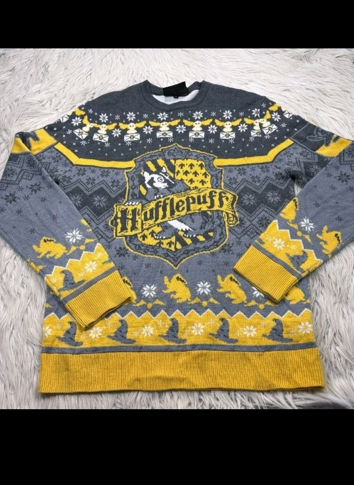Harry Potter Men's XS Fair Isle Hufflepuff Crest Crew Sweater Christmas Hogwarts