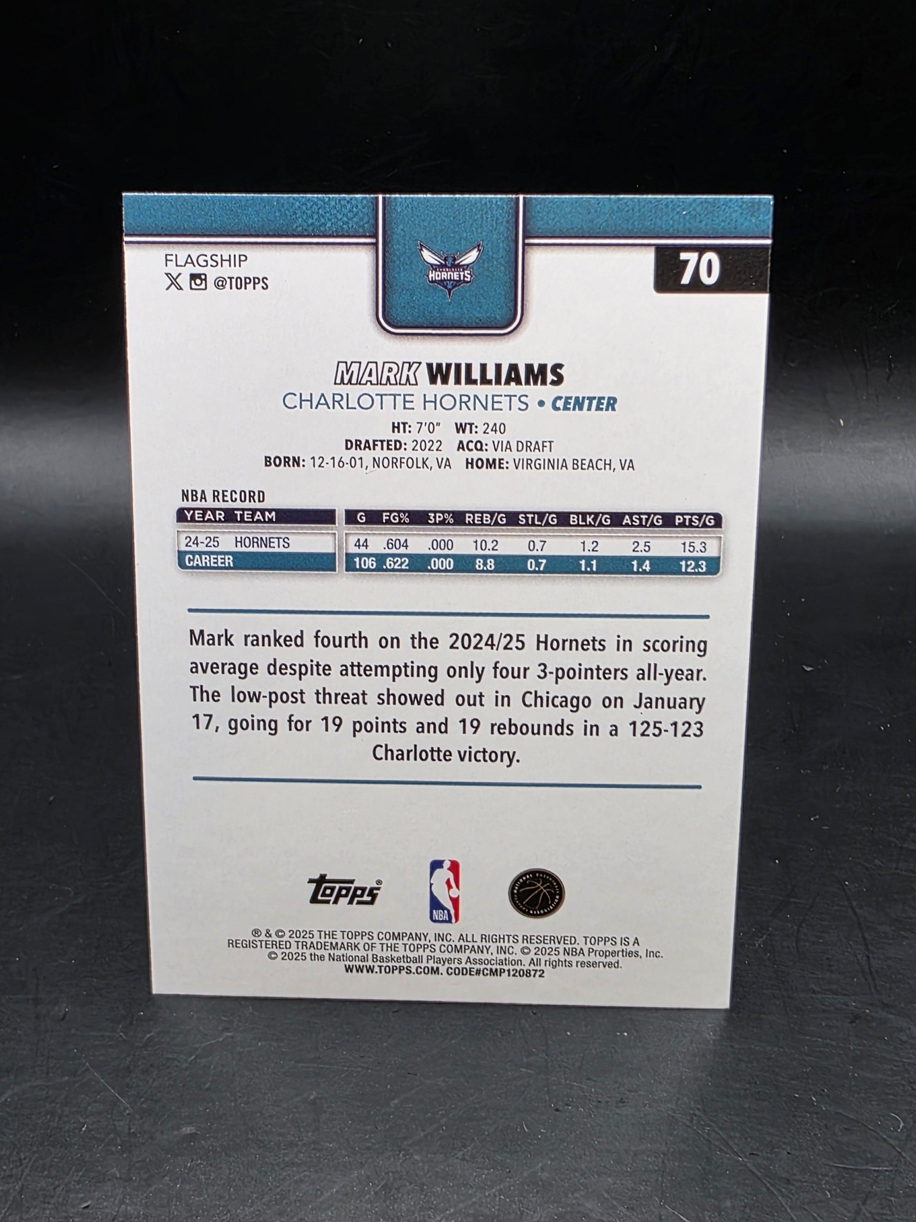 2025-26 Topps MARK WILLIAMS #70 Rainbow Foil Parallel Charlotte Hornets M/NM