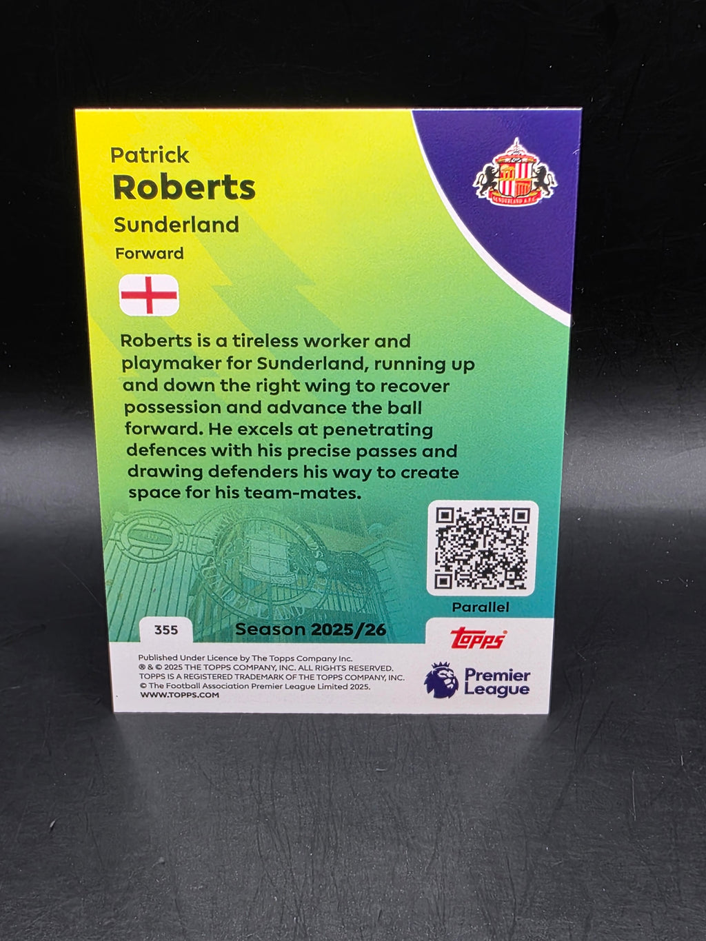 Topps Premier League 2025/26 Patrick Roberts /199 Sparkle Parallel Sunderland