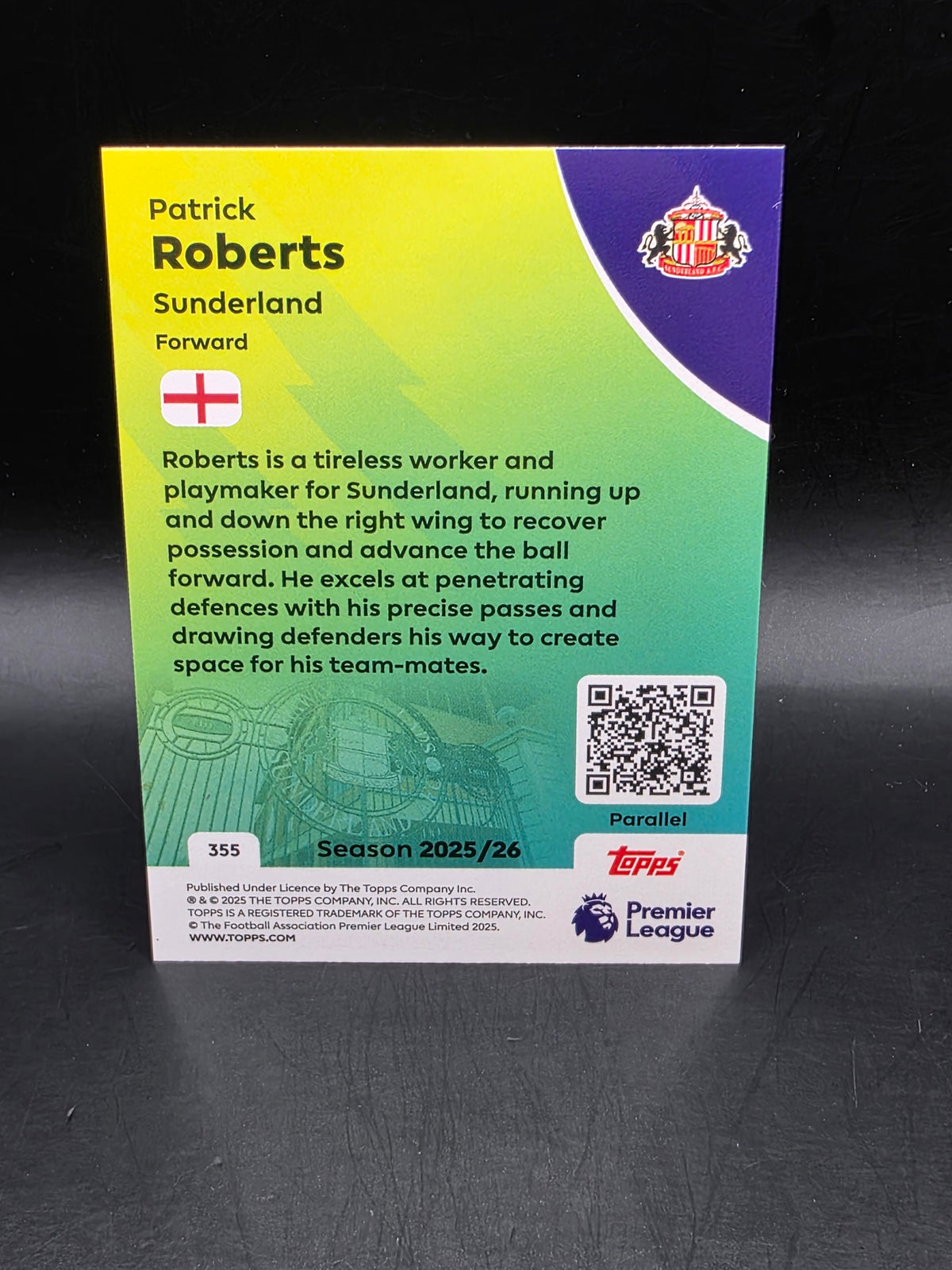 Topps Premier League 2025/26 Patrick Roberts /199 Sparkle Parallel Sunderland